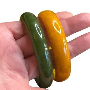 Bakelite Bangle spinach Yellow Vintage 1940s 1930 Catalin Marblette Polished Set